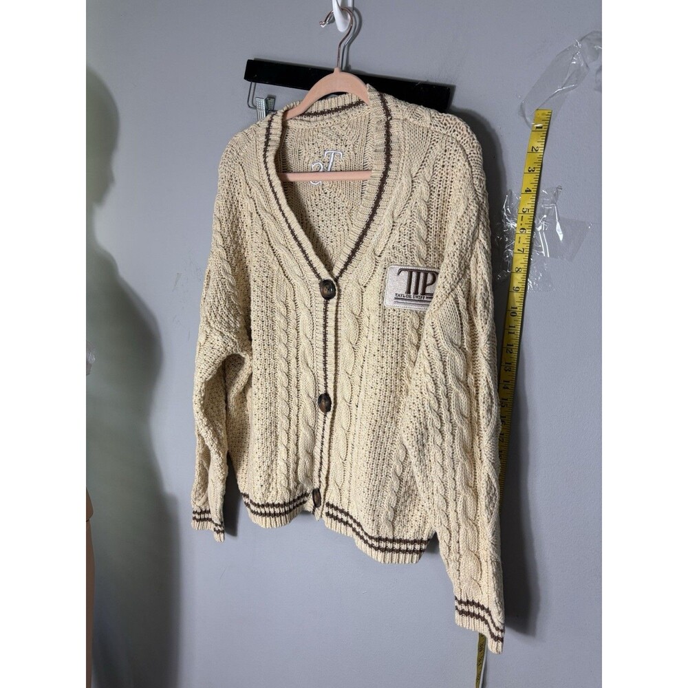 Taylor Swift TTPD Cardigan Adult XS/SM Cream Cable Knit Sweater Stars TS Patch